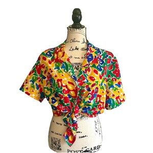 Vintage 90s Patchington Colorful Oversized Abstract Button Up Collared Blouse M